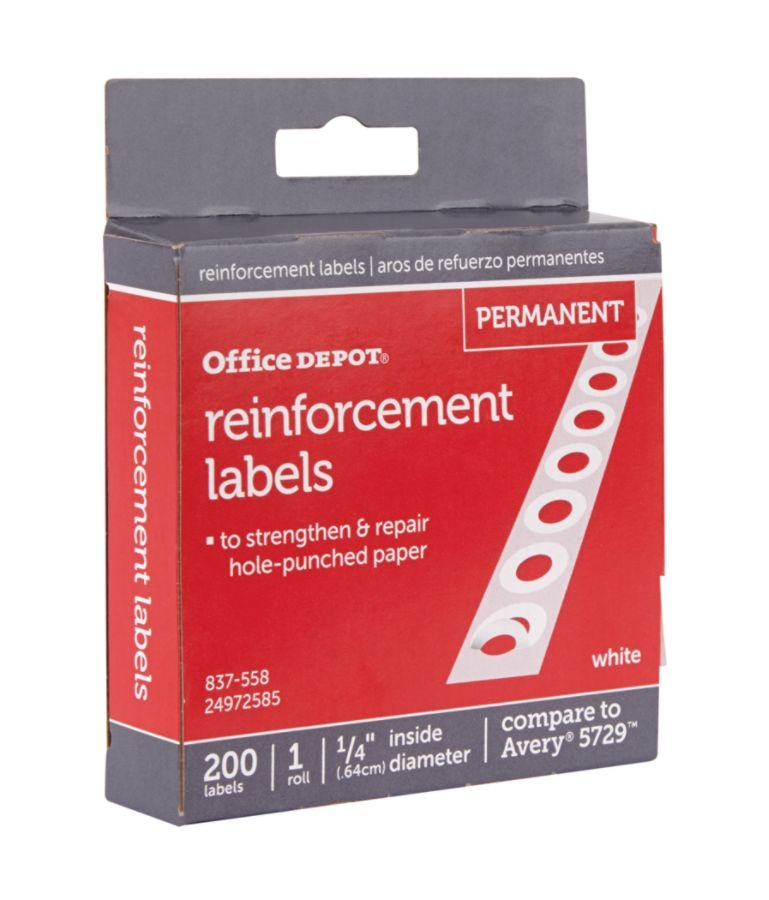 slide 2 of 3, Office Depot Brand Permanent Self-Adhesive Reinforcement Labels, 1/4'' Diameter, White, Pack Of 200, 200 ct