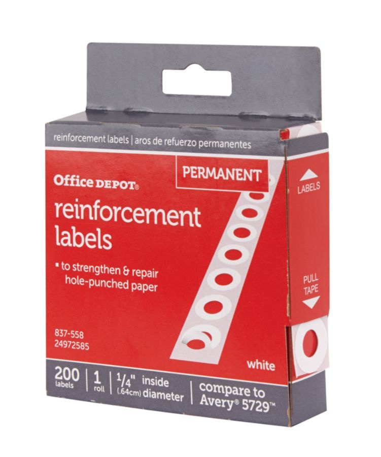 slide 3 of 3, Office Depot Brand Permanent Self-Adhesive Reinforcement Labels, 1/4'' Diameter, White, Pack Of 200, 200 ct