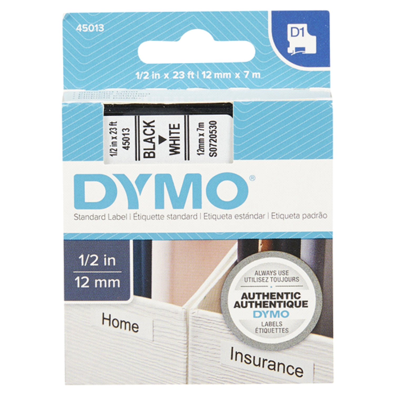 slide 1 of 1, Dymo D1 Black on White Tape 1/2" X 23', 1 ct