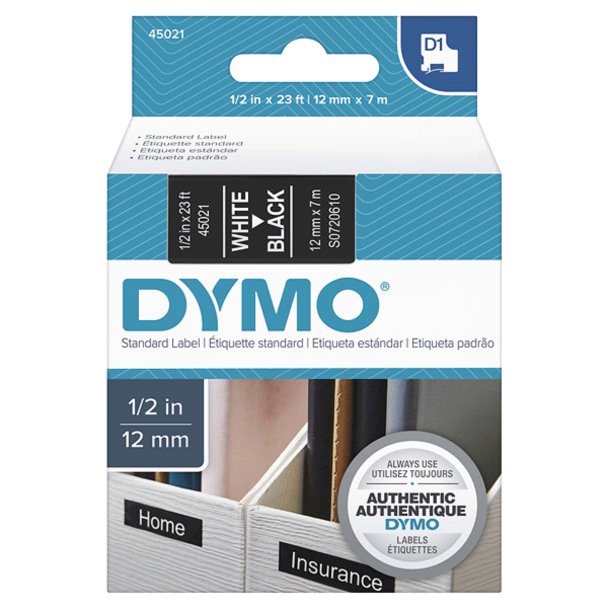 slide 1 of 1, DYMO D1 Standard Tape Cartridge For Dymo Label Makers, 1/2in x, White on Black, 23 ft