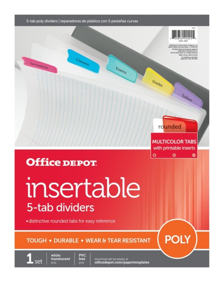 slide 2 of 2, Office Depot Brand Plastic Dividers With Insertable Rounded Tabs, Assorted Colors, 5-Tab, 1 ct