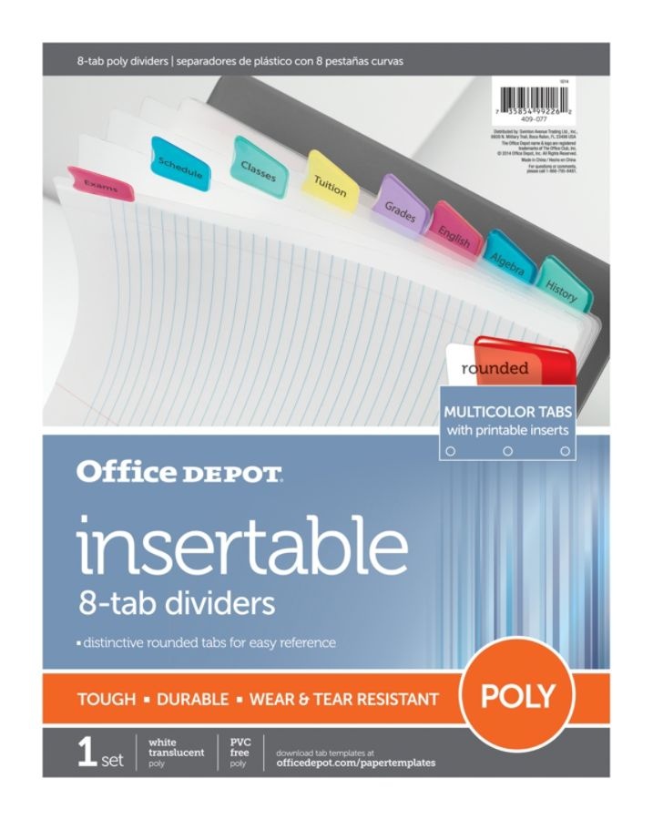 slide 2 of 2, Office Depot Brand Plastic Dividers With Insertable Rounded Tabs, Assorted Colors, 8-Tab, 1 ct