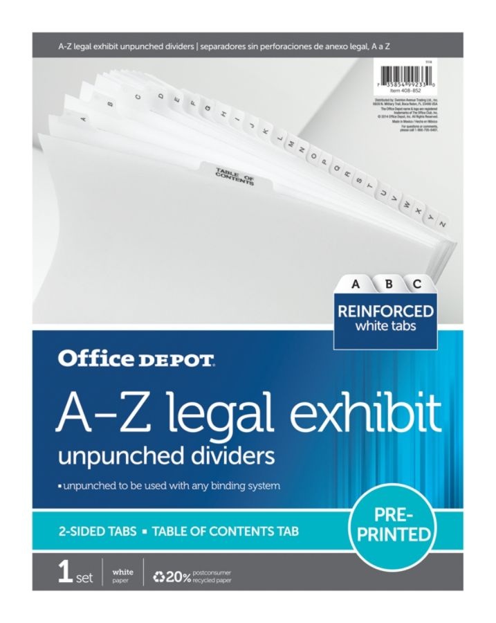 slide 2 of 2, Office Depot Brand Legal Index Exhibit Unpunched Dividers With Laminated Tabs, Black/White, A-Z, 1 ct