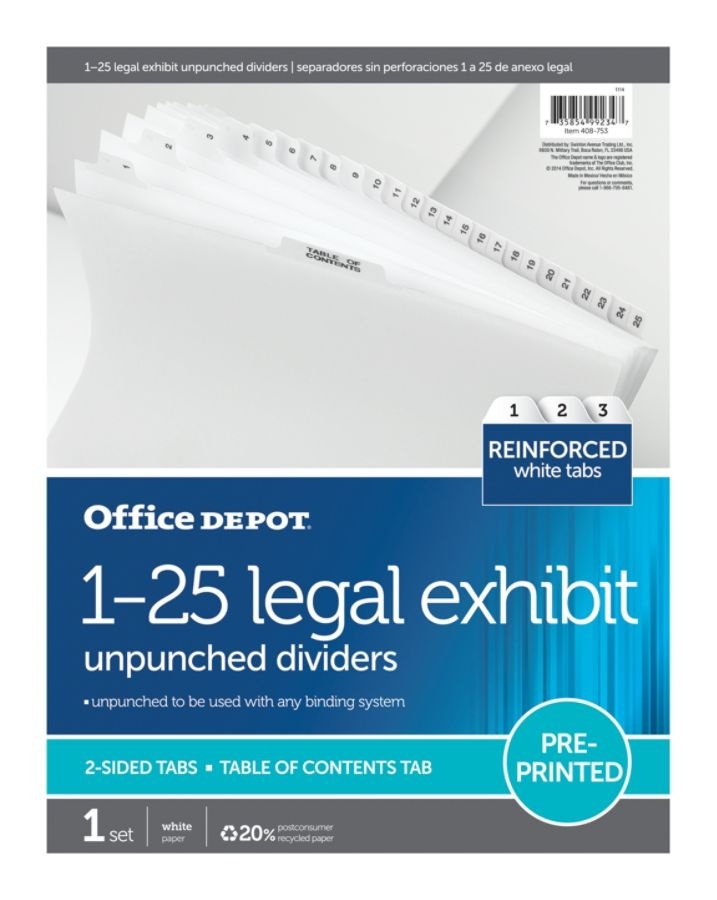 slide 2 of 2, Office Depot Brand Legal Index Exhibit Unpunched Dividers With Laminated Tabs, Black/White, Numbered 1-25, 1 ct