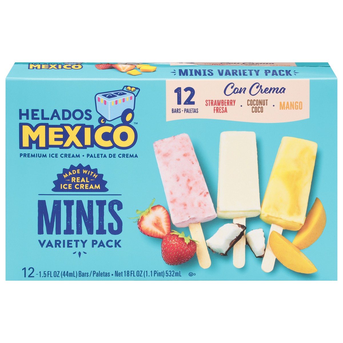 slide 1 of 9, Helados Mexico Strawberry/Coconut/Mango Ice Cream Bars Minis Variety Pack 12 - 1.5 fl oz Bars, 12 ct