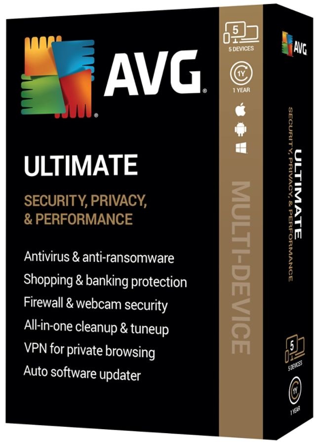 slide 3 of 3, AVG Ultimate Software, For 5 Devices, 1-Year Subscription, For Pc/Mac, Traditional Disc, 1 ct