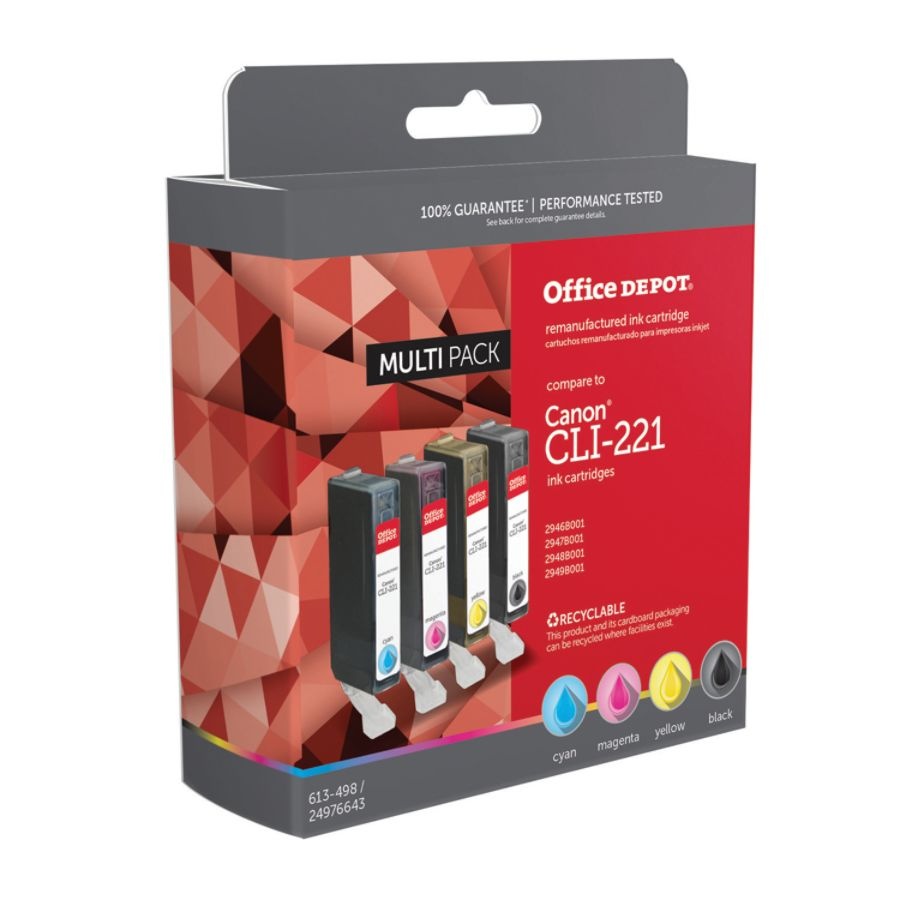 slide 2 of 3, Office Depot Brand Odcli221Bcmy (Canon Cli-221) Remanufactured Black/Cyan/Magenta/Yellow Ink Cartridges, Pack Of 4, 4 ct