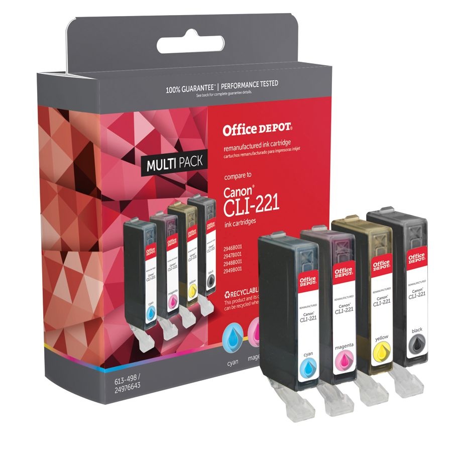 slide 3 of 3, Office Depot Brand Odcli221Bcmy (Canon Cli-221) Remanufactured Black/Cyan/Magenta/Yellow Ink Cartridges, Pack Of 4, 4 ct