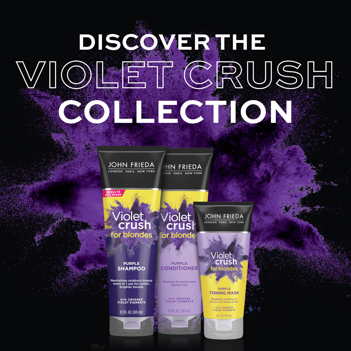 slide 6 of 7, John Frieda Violet Crush Purple Toning Mask, Removes Brassy Tones, Smooths Damaged Hair Cuticles for Cooler, More Luminous, Salon-Fresh Blonde. Safe for Natural and Color-Treated Blonde Hair, 6 Fl Oz, 6 fl oz
