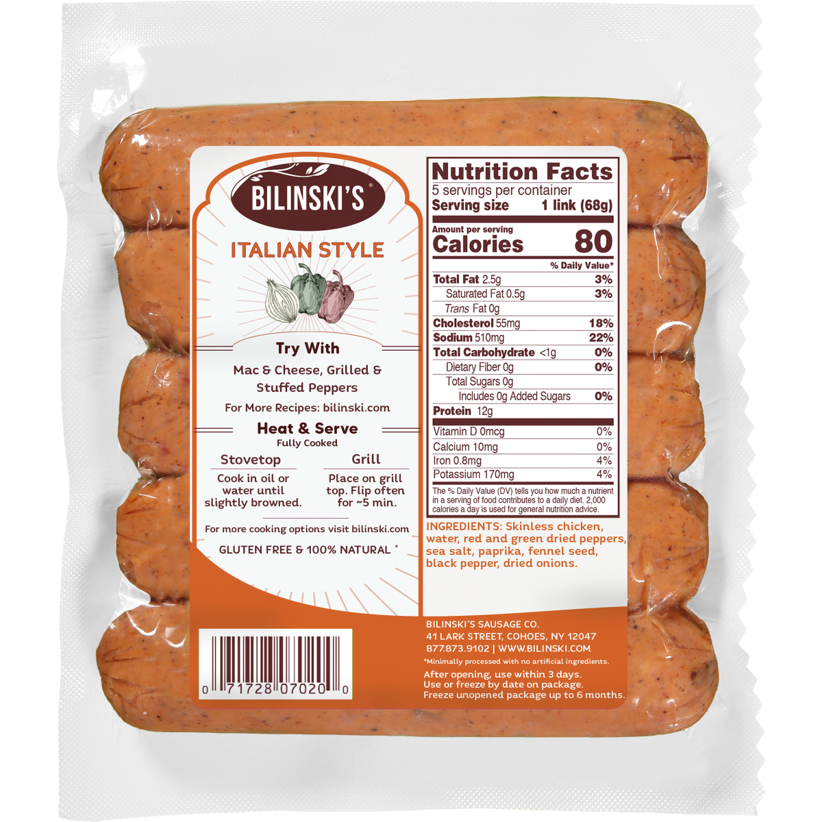 slide 2 of 2, Bilinski's Italian with Peppers & Onions Chicken Sausage 12 oz, 12 oz