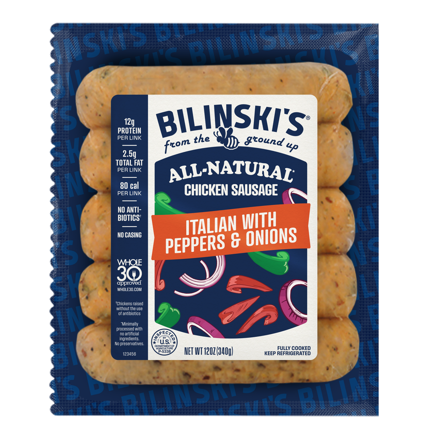 slide 1 of 2, Bilinski's Italian with Peppers & Onions Chicken Sausage 12 oz, 12 oz