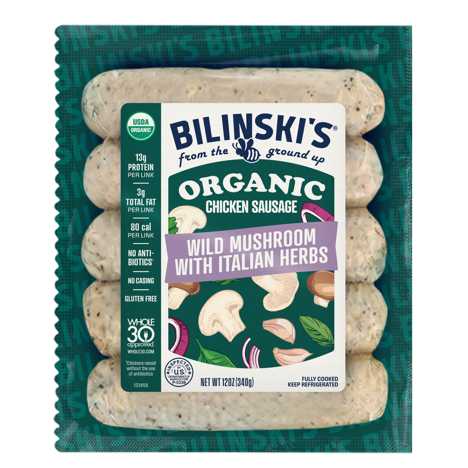 slide 1 of 1, Bilinski's Organic Wild Mushrooms With Italian Herbs Chicken Sausage, 12 oz