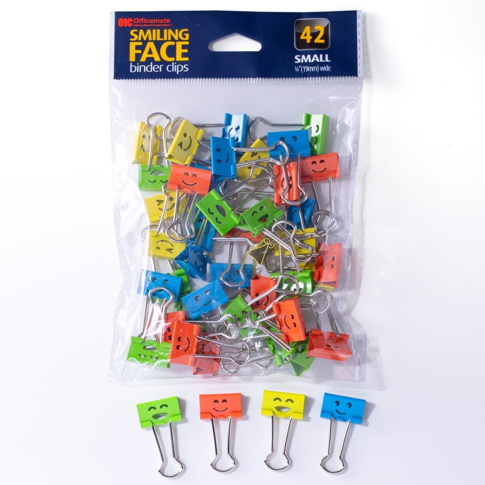 slide 1 of 1, OfficeMate Smiling Face Binder Clips, 42 ct