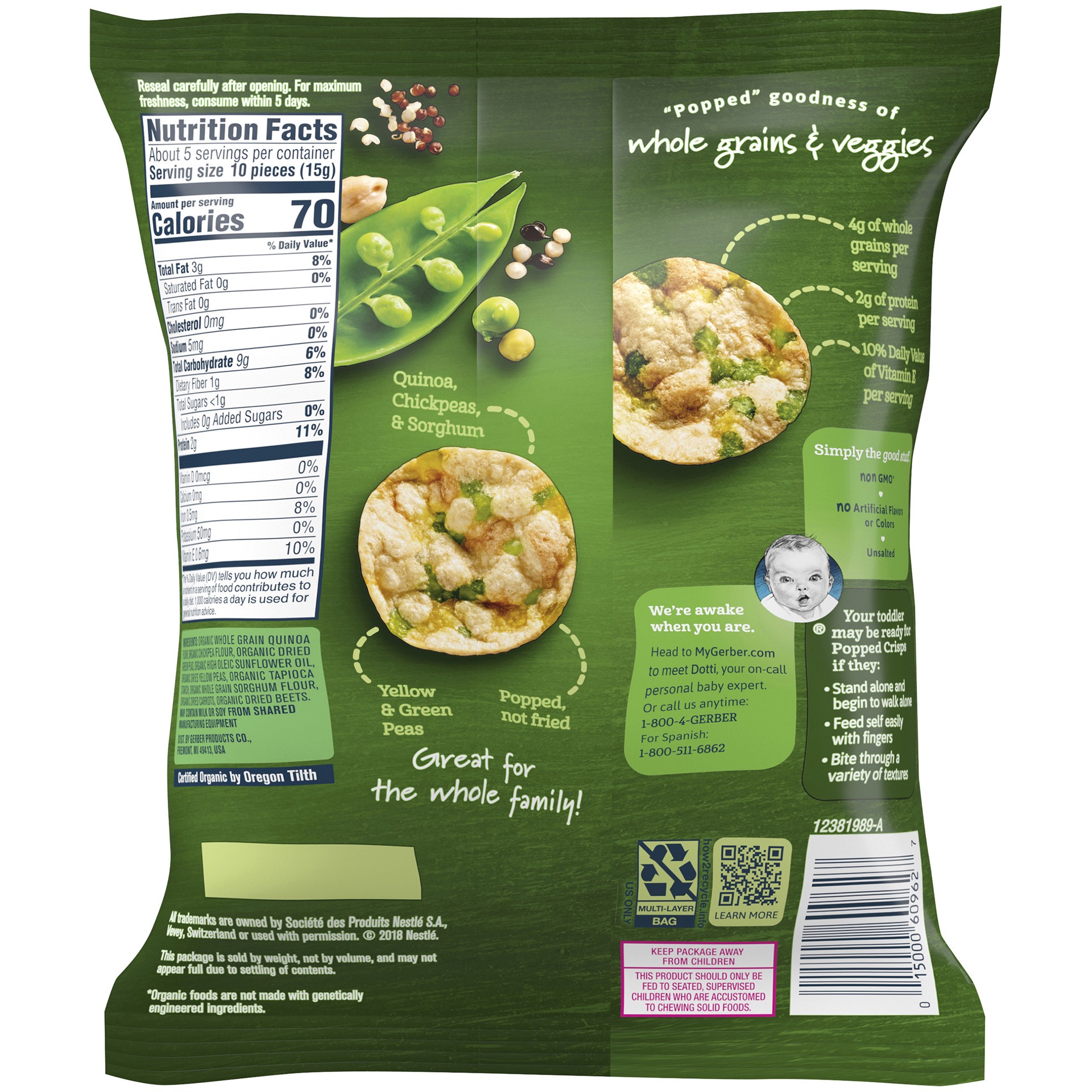 slide 2 of 5, Gerber Organic Green & Yellow Peas Popped Crisps, 2.64 Oz, 2.64 oz