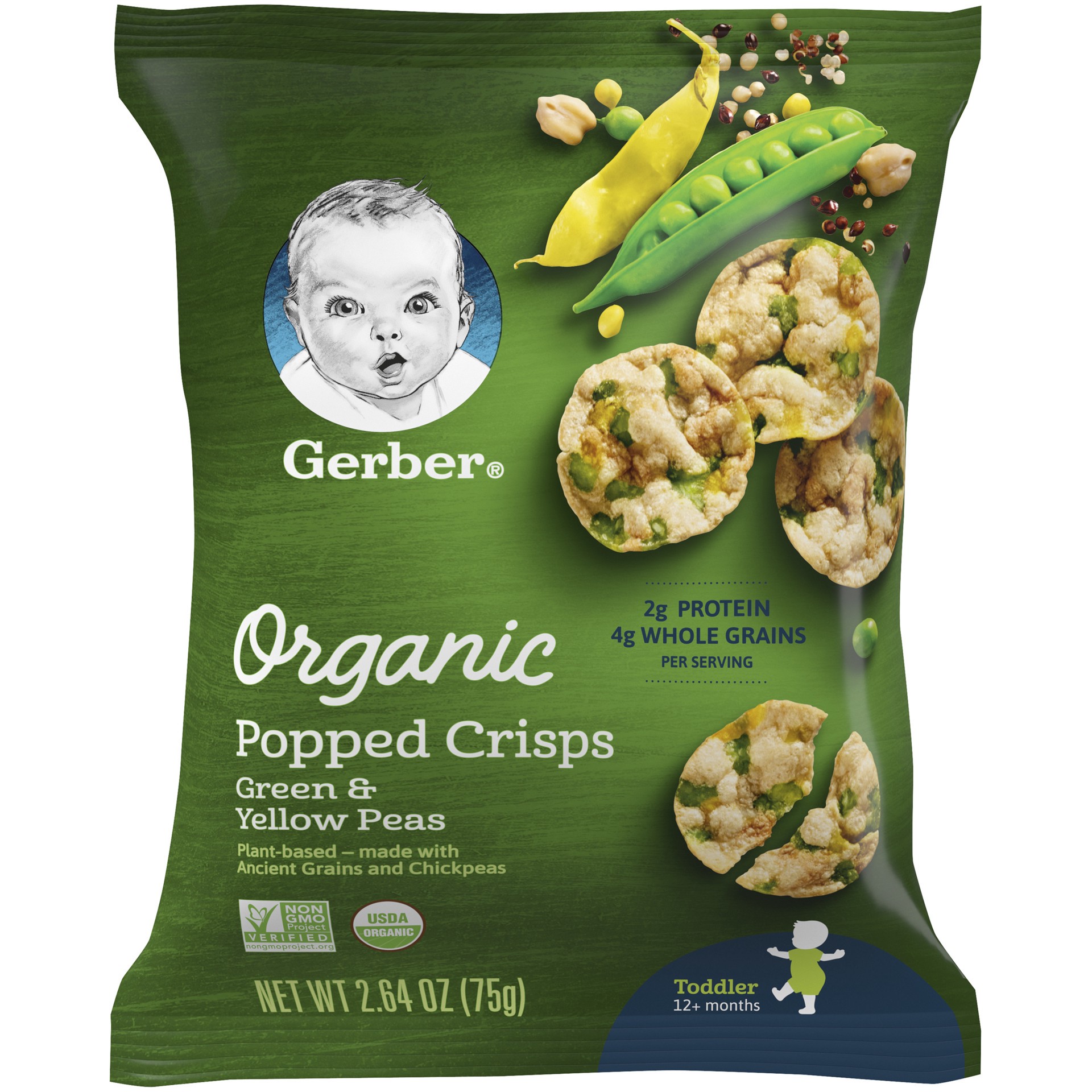 slide 1 of 5, Gerber Organic Green & Yellow Peas Popped Crisps, 2.64 Oz, 2.64 oz