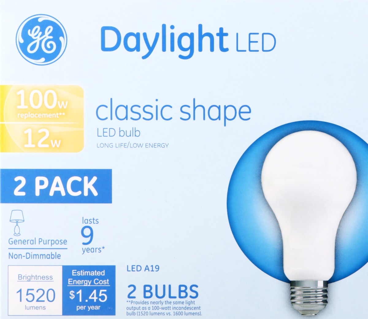 slide 6 of 9, GE 2 Pack 12 Watts Classic Shape Daylight LED Light Bulbs 2 ea, 2 ct
