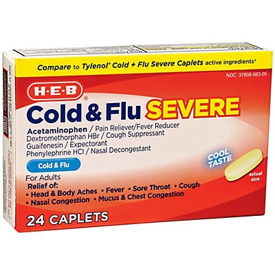 slide 1 of 1, H-E-B Cold Multi-symptom Severe Daytime Non-Drowsy Cool Taste Caplets, 24 ct