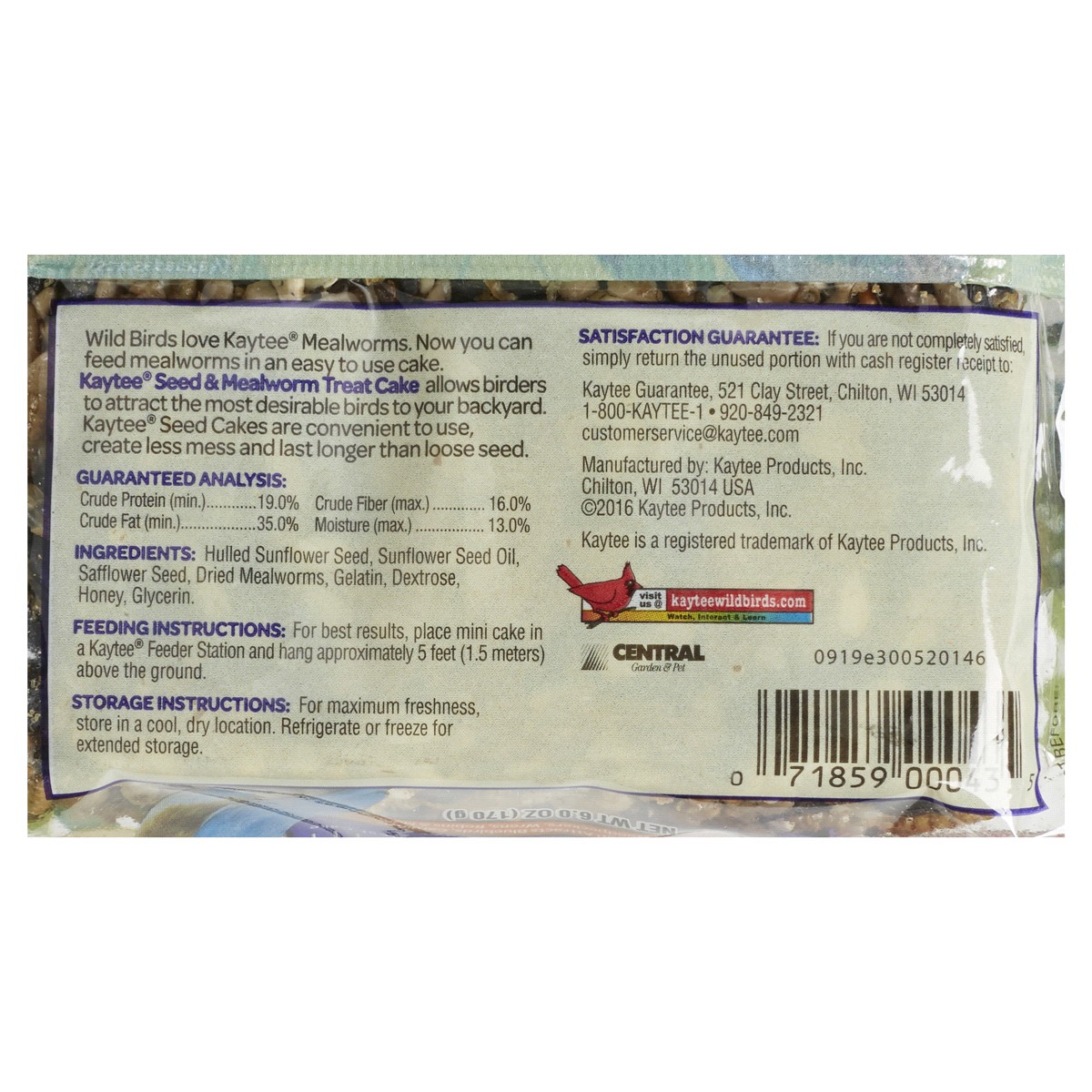 slide 2 of 2, Kaytee Wild Bird Seed & Mealworm Treat Cake, 6 oz, 1 ct