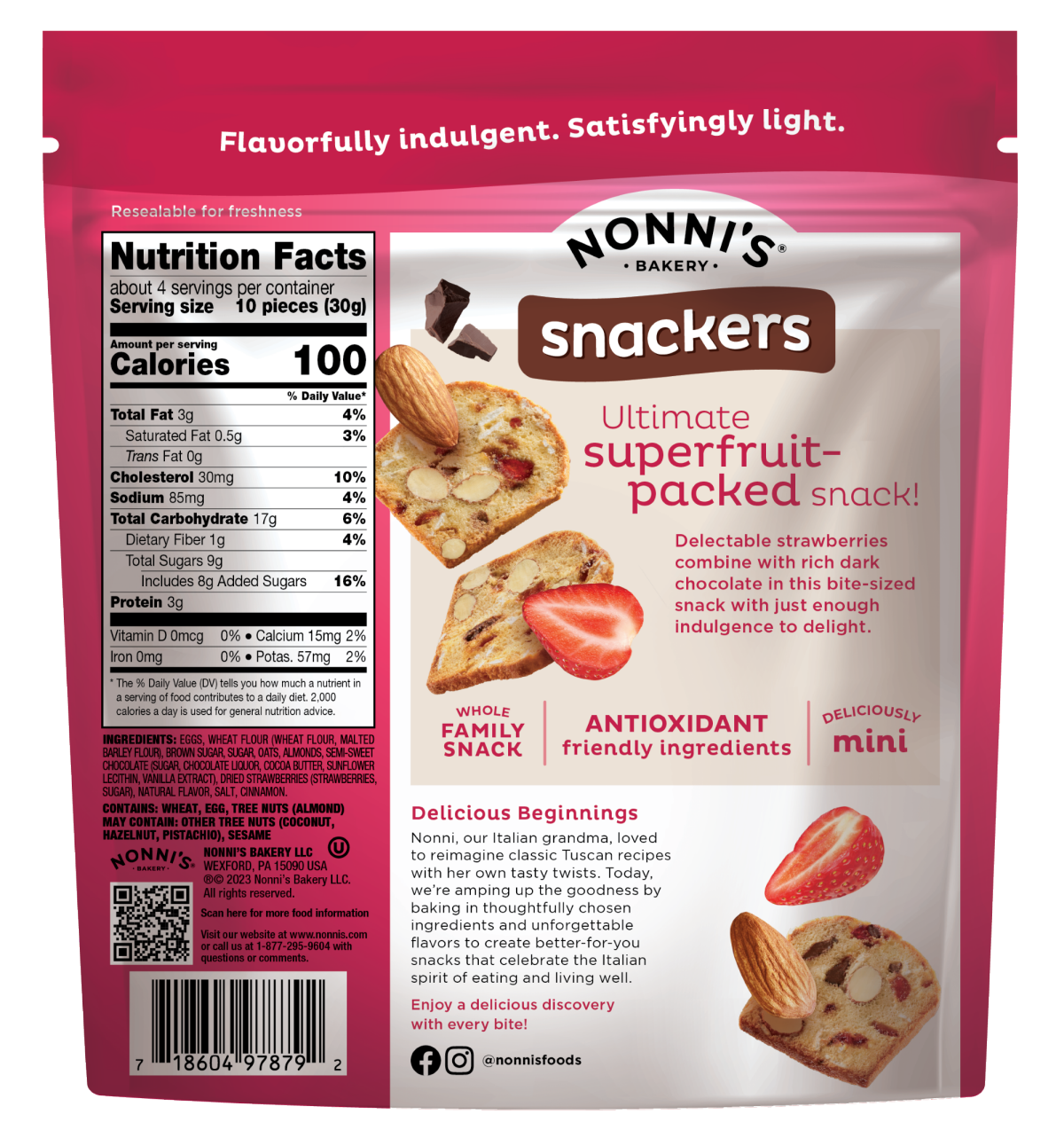 slide 5 of 5, Nonni's Bakery Snackers Strawberry Dark Chocolate Almond Cookie Crisps, 4.5oz Pouch, 4.5 oz