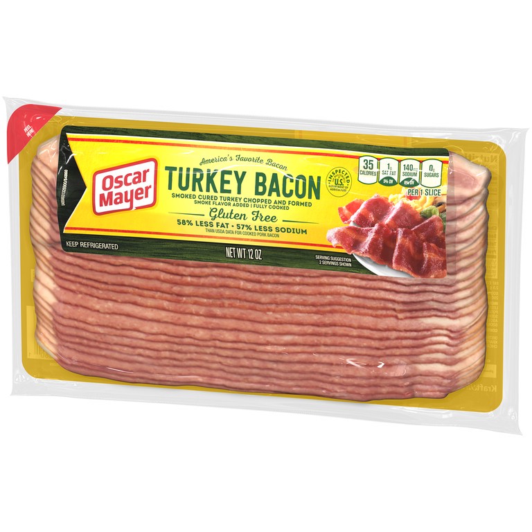 slide 2 of 20, Oscar Mayer Fully Cooked & Gluten Free Turkey Bacon with 58% Less Fat & 57% Less Sodium Pack, 21-23 slices, 12 oz