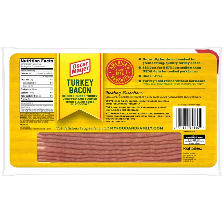 slide 7 of 20, Oscar Mayer Fully Cooked & Gluten Free Turkey Bacon with 58% Less Fat & 57% Less Sodium Pack, 21-23 slices, 12 oz
