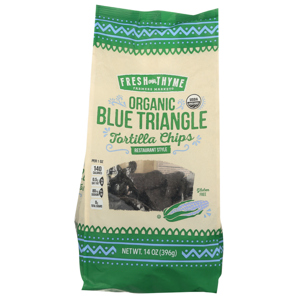 slide 1 of 1, Fresh Thyme Farmers Market Organic Blue Triangle Tortilla Chips, 14 oz