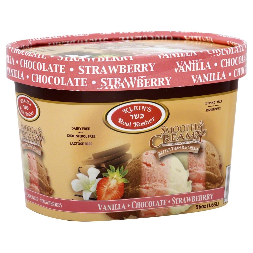 slide 1 of 1, Klein's Frozen Dessert, Non-Dairy, Vanilla, Chocolate & Strawberry, 56 oz