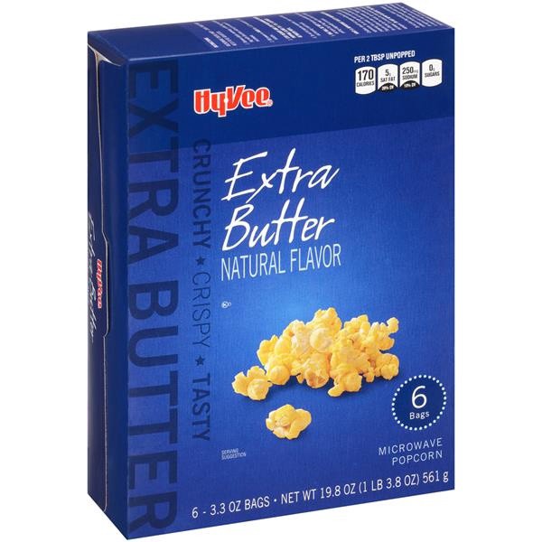 slide 1 of 1, Hy-Vee Extra Butter Microwave Popcorn, 6 ct; 3.3 oz