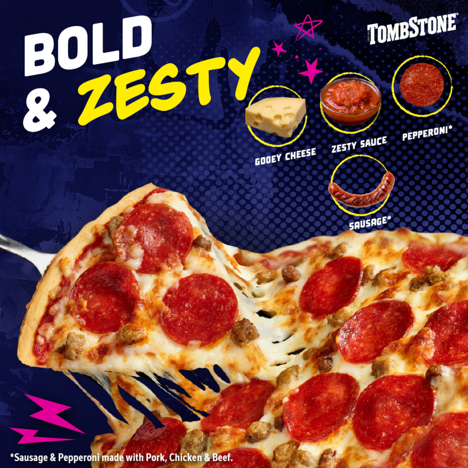 slide 6 of 8, Tombstone Original Crust Pizza, Pepperoni and Sausage Pizza, Freezer Pizza (Frozen), 19.4 oz