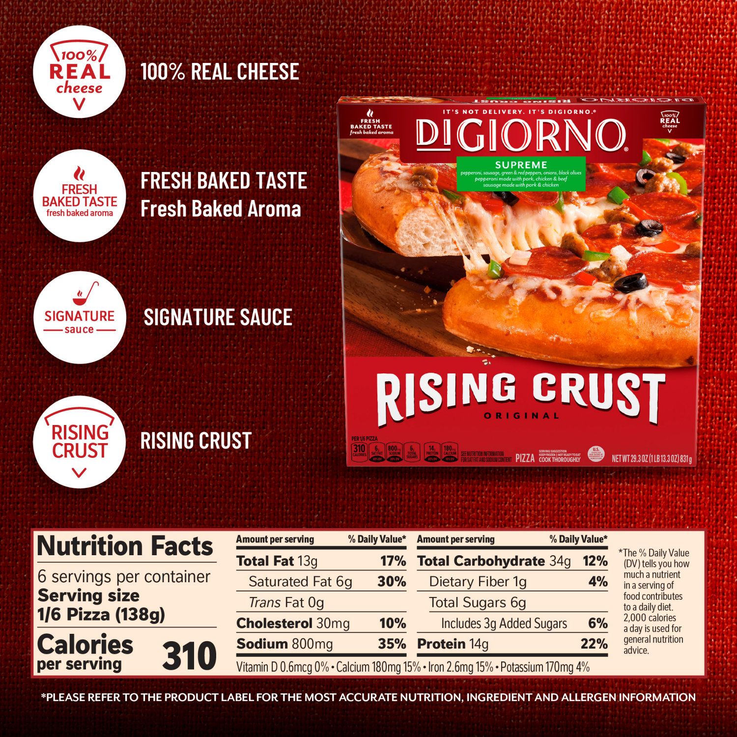 slide 2 of 8, DiGiorno Frozen Pizza Rising Crust Supreme 29.3oz US Package, 29.3 oz