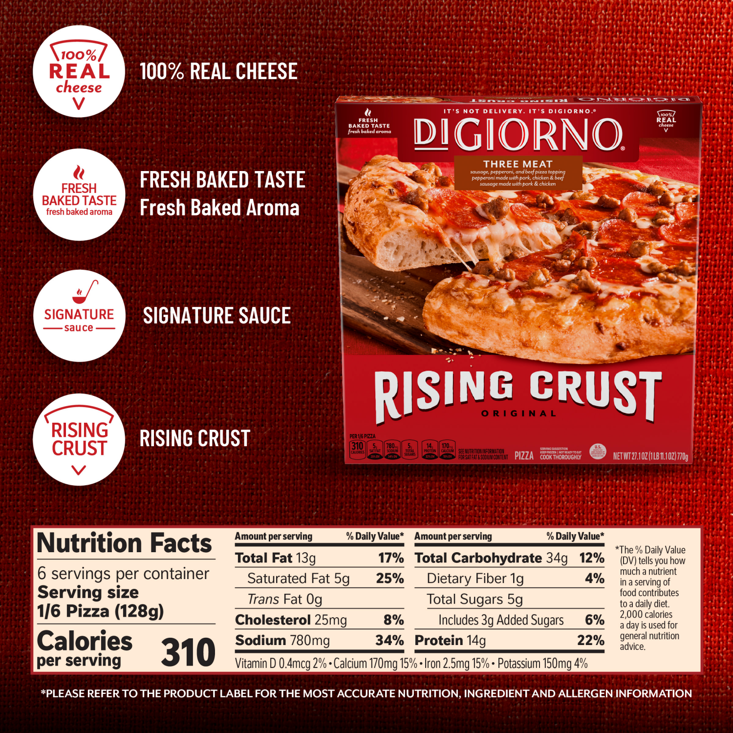 slide 2 of 8, DiGiorno Frozen Pizza Rising Crust 3 Meat 27.1oz US, 27.1 oz