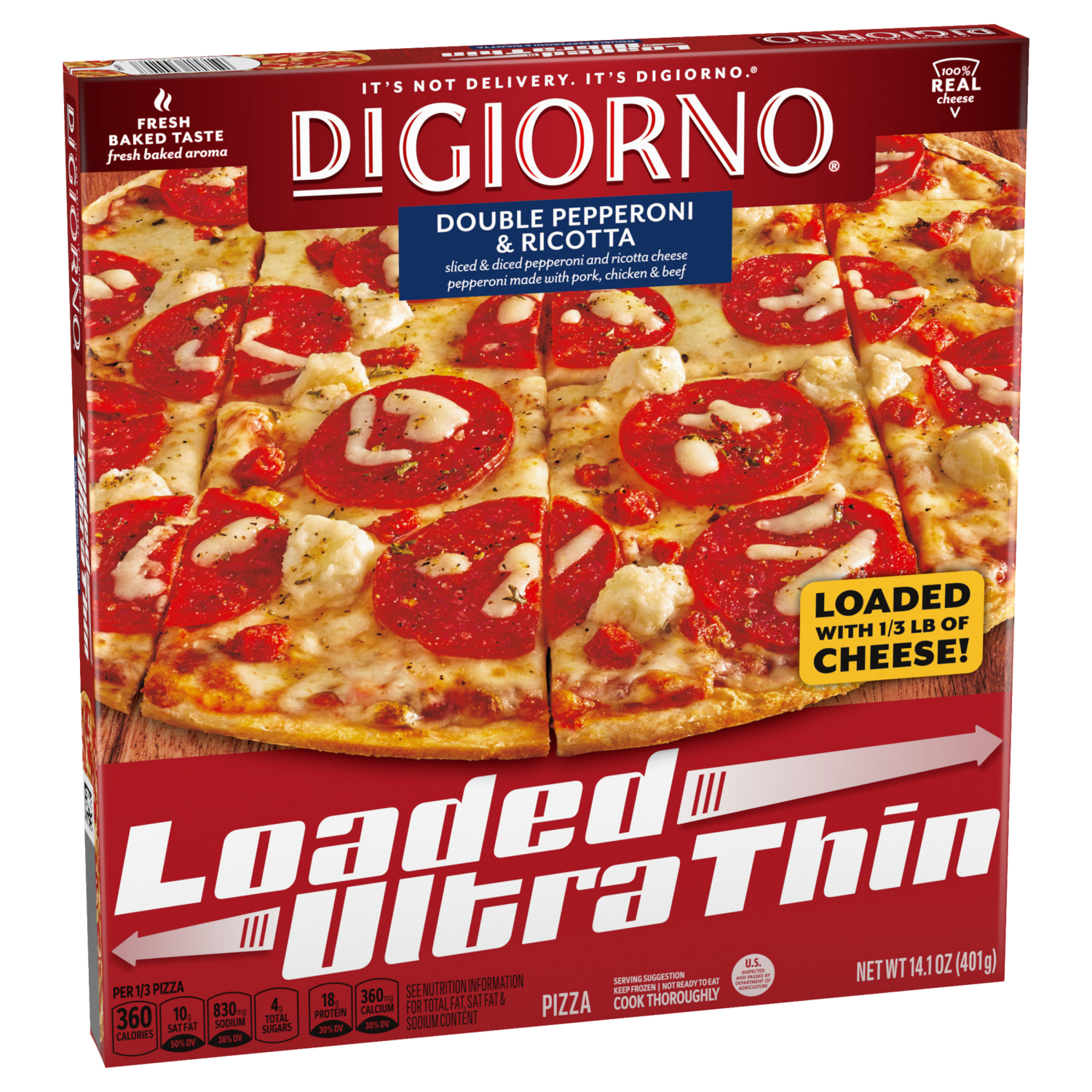 slide 4 of 5, DiGiorno Loaded Ultra Thin Crust Double Pepperoni & Ricotta Pizza, Frozen Pizza, 14.1 oz