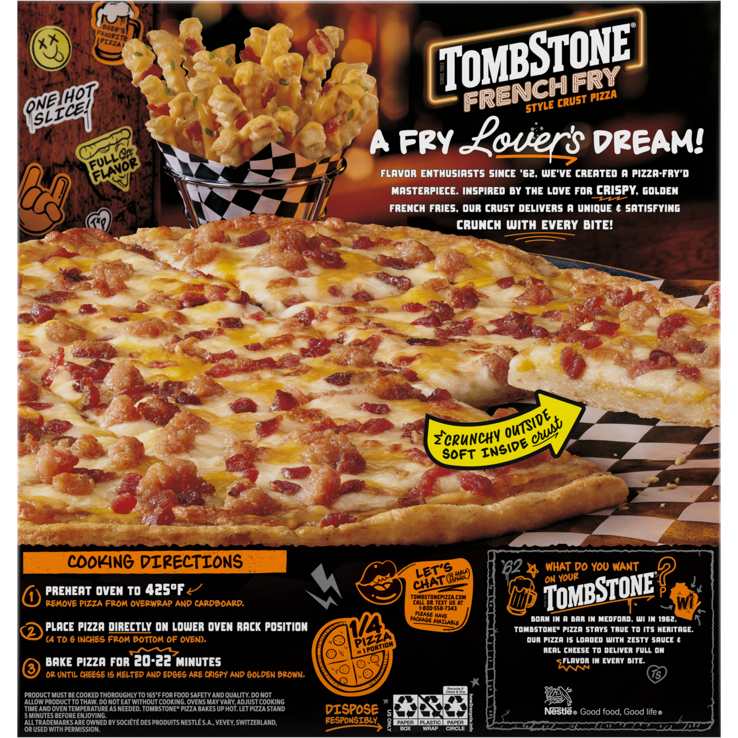 slide 2 of 8, Tombstone French Fry Style Crust Loaded Bacon Cheddar Pizza, Cheese Pizza, Frozen, 18.1 oz