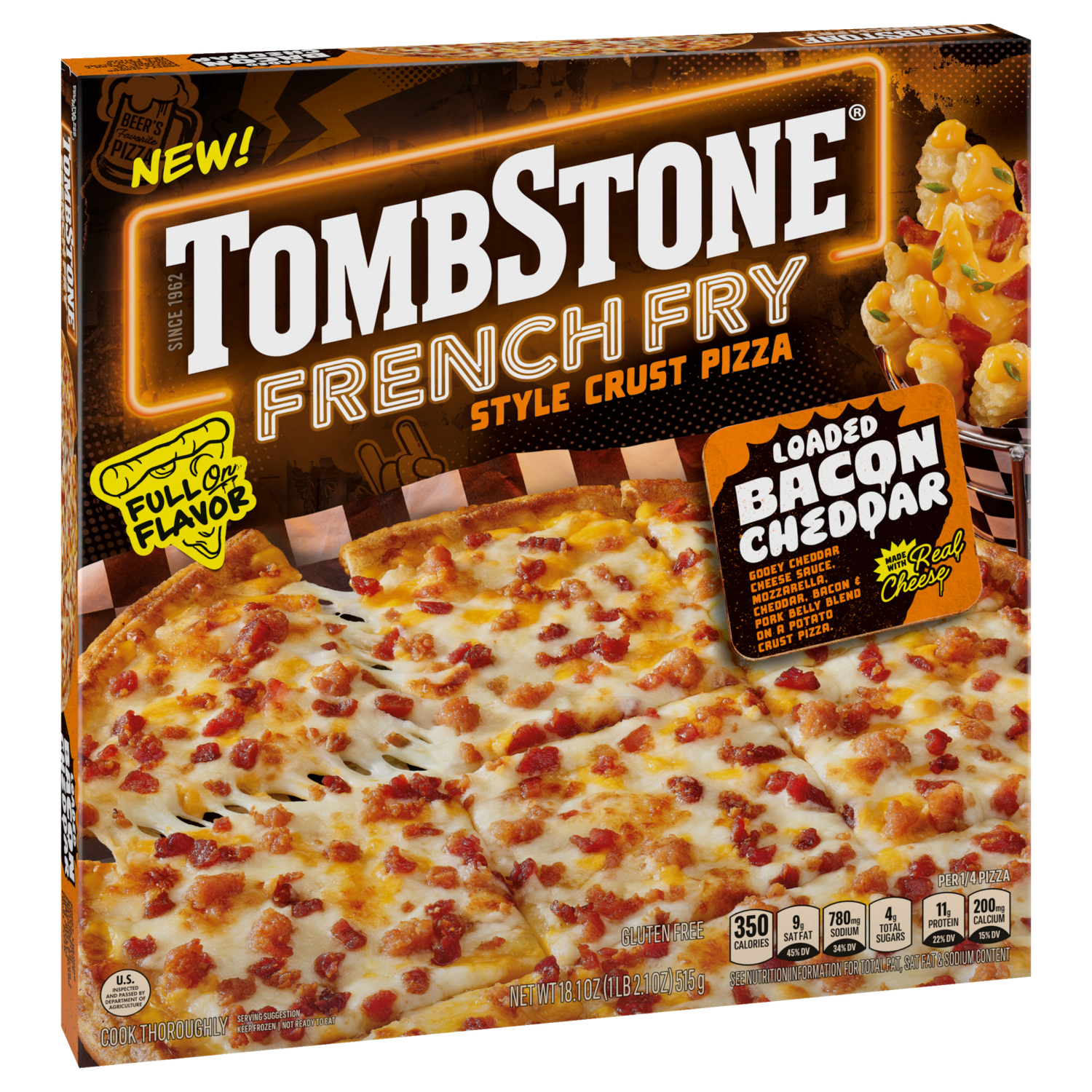 slide 6 of 8, Tombstone French Fry Style Crust Loaded Bacon Cheddar Pizza, Cheese Pizza, Frozen, 18.1 oz