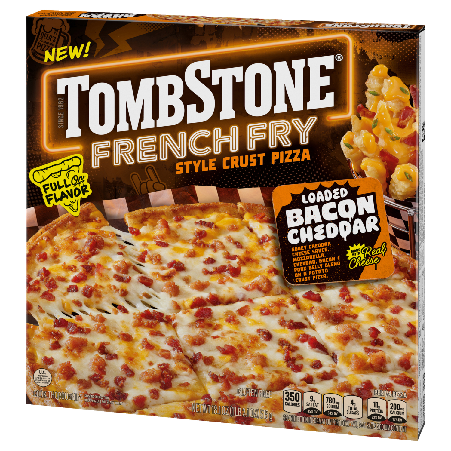 slide 7 of 8, Tombstone French Fry Style Crust Loaded Bacon Cheddar Pizza, Cheese Pizza, Frozen, 18.1 oz