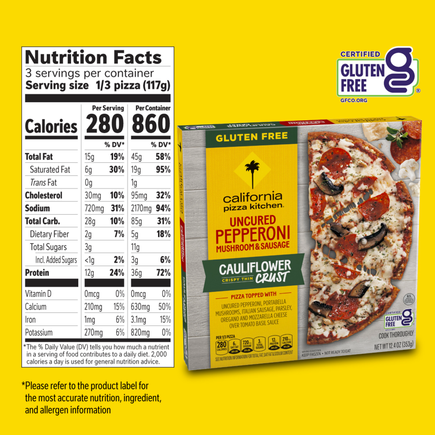 slide 2 of 8, California Pizza Kitchen Uncured Pepperoni, Mushroom, Sausage, Cauliflower Crust, Frozen Pizza, 12.4 oz
