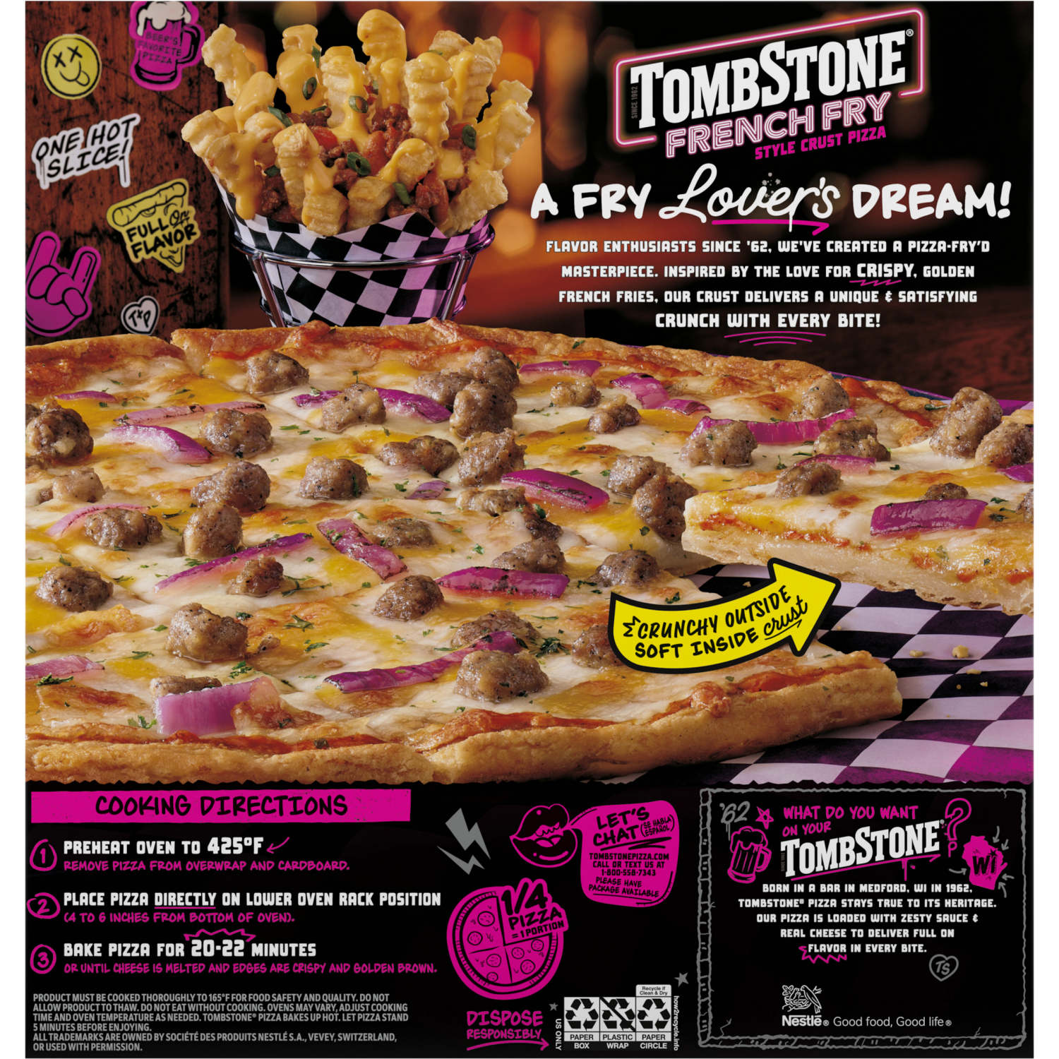 slide 2 of 8, Tombstone French Fry Style Crust Chili Cheese Pizza, Gluten Free Pizza Crust, Frozen, 18.8 oz