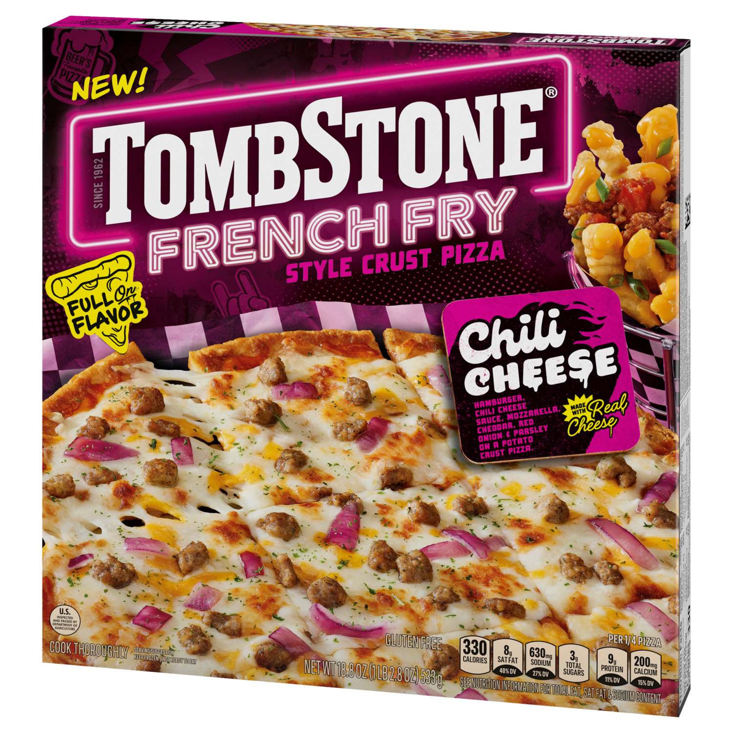 slide 7 of 8, Tombstone French Fry Style Crust Chili Cheese Pizza, Gluten Free Pizza Crust, Frozen, 18.8 oz