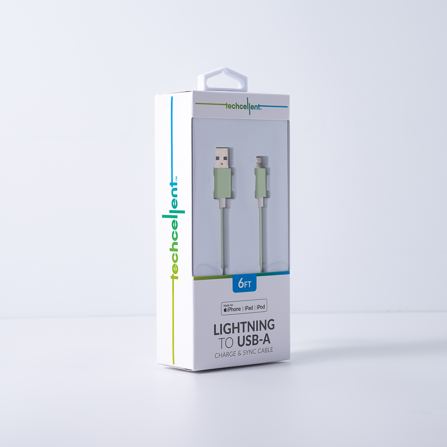 slide 6 of 8, Techcellent Lightning To Usb-A Charge & Sync Braided Cable, 6ft Green, 6 ft