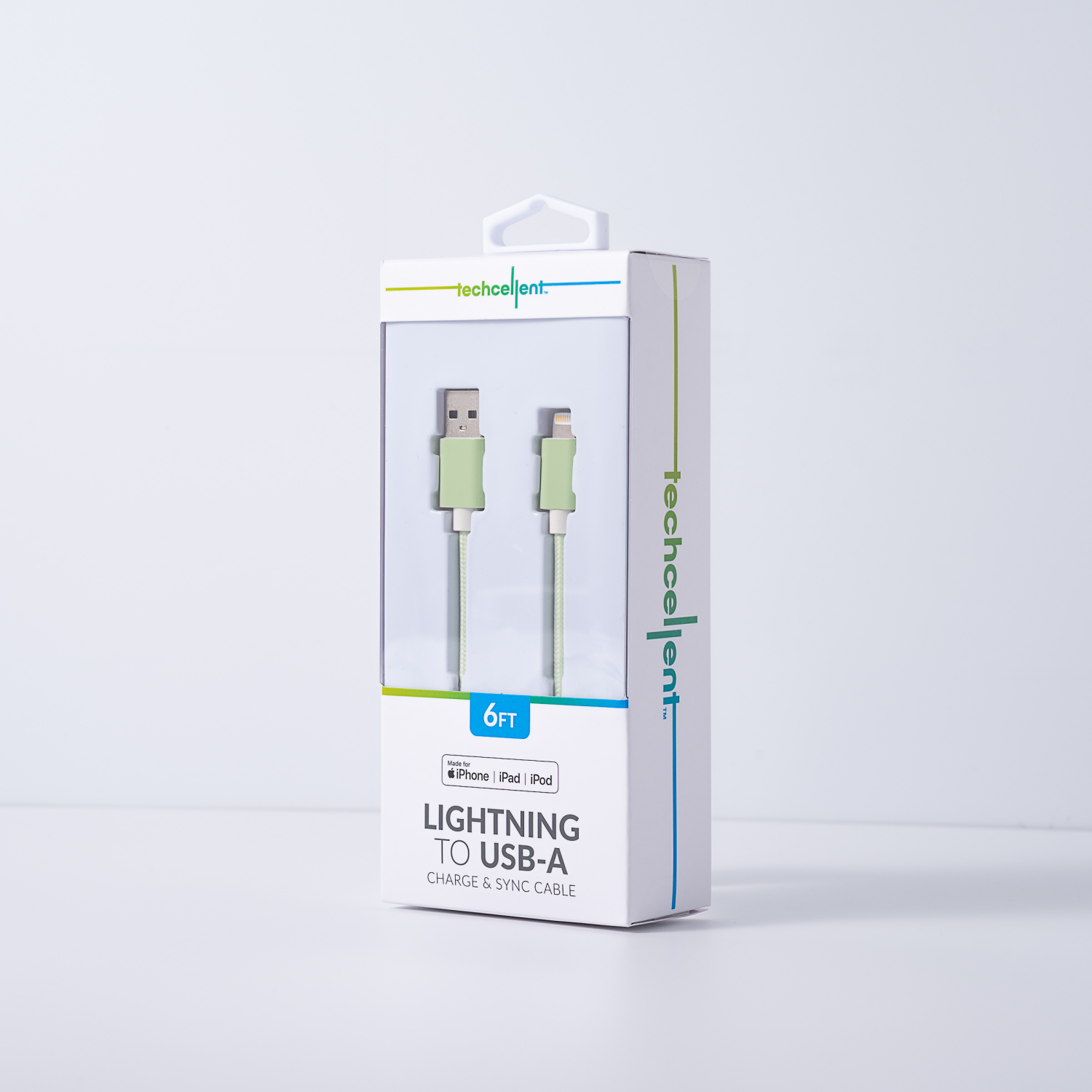 slide 7 of 8, Techcellent Lightning To Usb-A Charge & Sync Braided Cable, 6ft Green, 6 ft