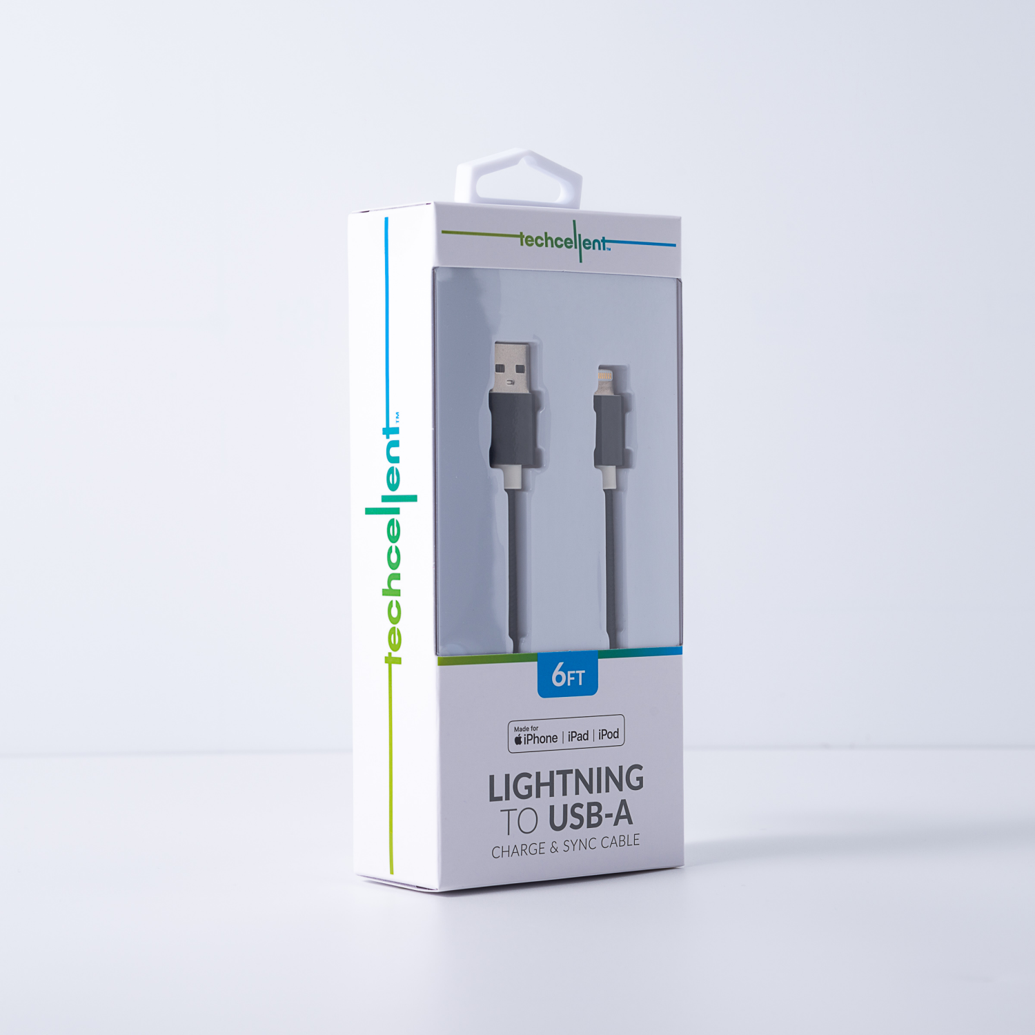 slide 6 of 8, Techcellent Lightning To USB-A Charge & Sync Cable, 6ft Black, 6 ft