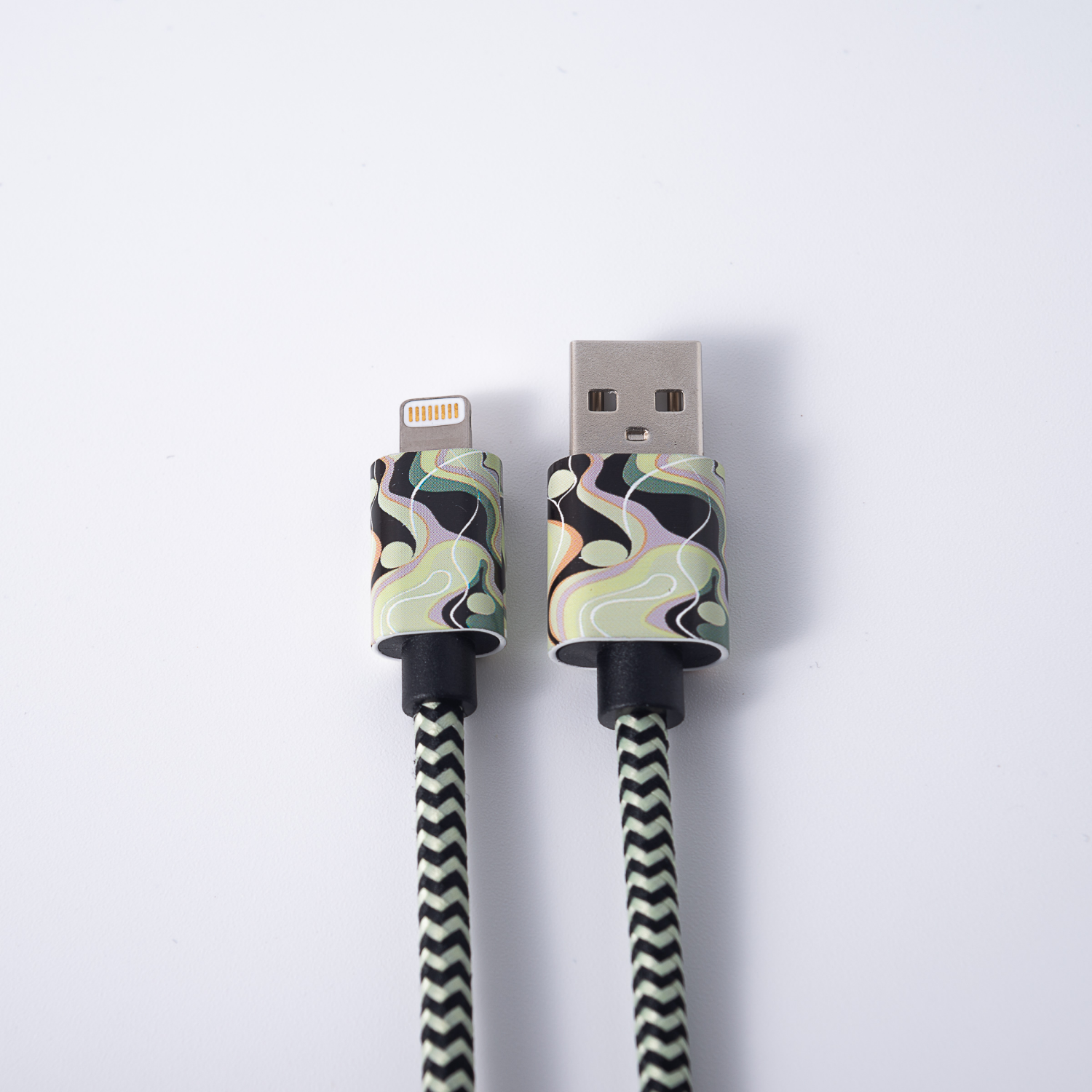 slide 3 of 8, Techcellent Lightning To Usb-A Charge & Sync Braided Cable, 6ft Green Swirl, 6 ft
