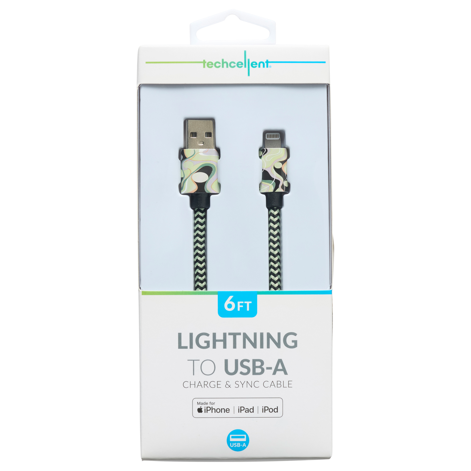 slide 1 of 8, Techcellent Lightning To Usb-A Charge & Sync Braided Cable, 6ft Green Swirl, 6 ft