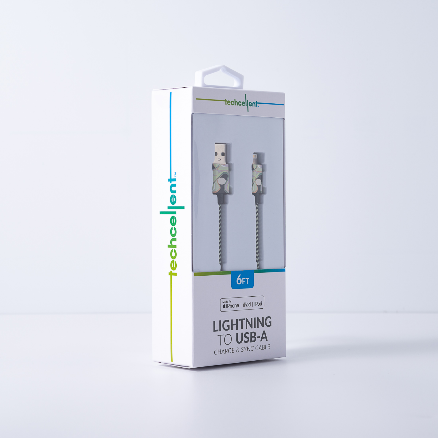 slide 6 of 8, Techcellent Lightning To Usb-A Charge & Sync Braided Cable, 6ft Green Swirl, 6 ft