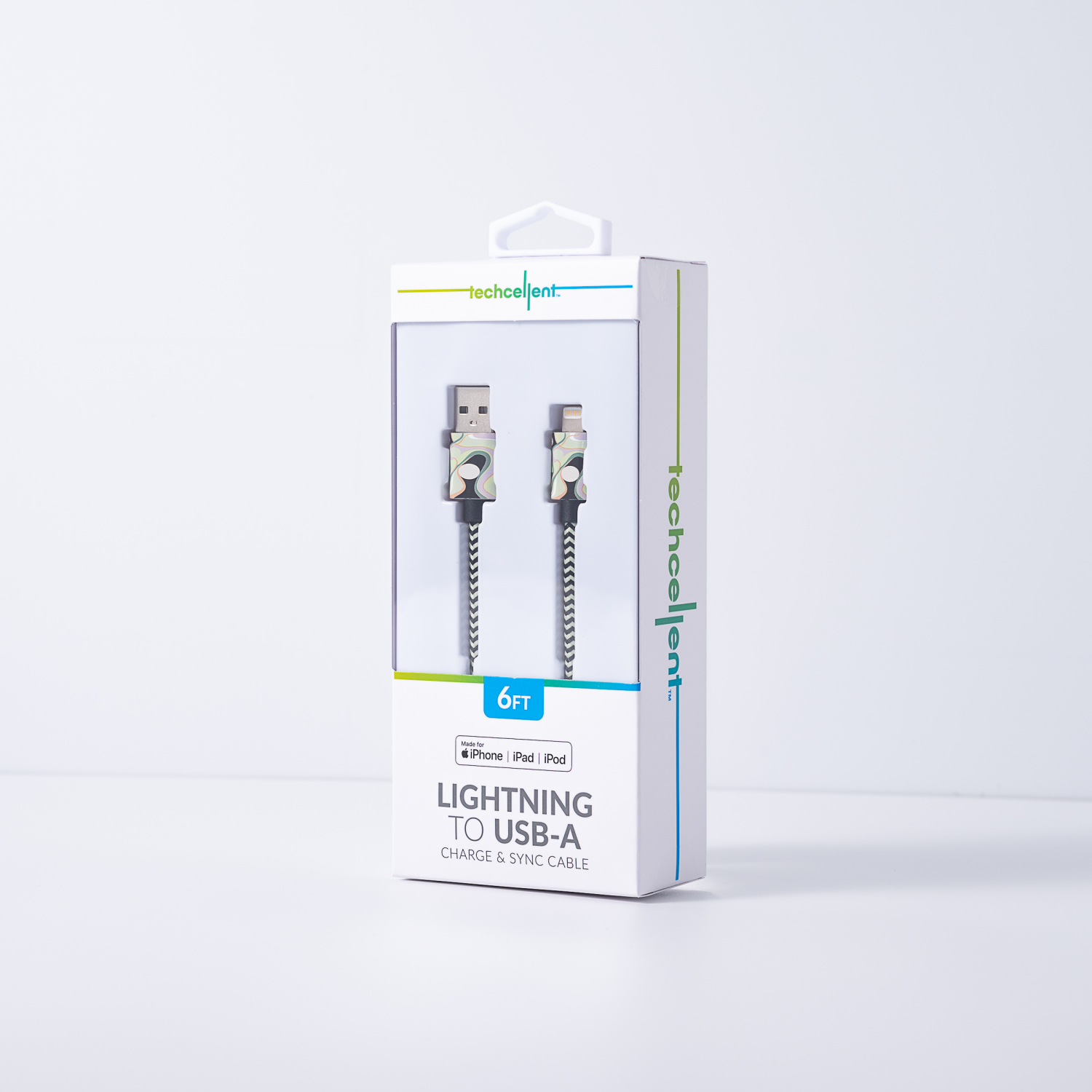 slide 7 of 8, Techcellent Lightning To Usb-A Charge & Sync Braided Cable, 6ft Green Swirl, 6 ft