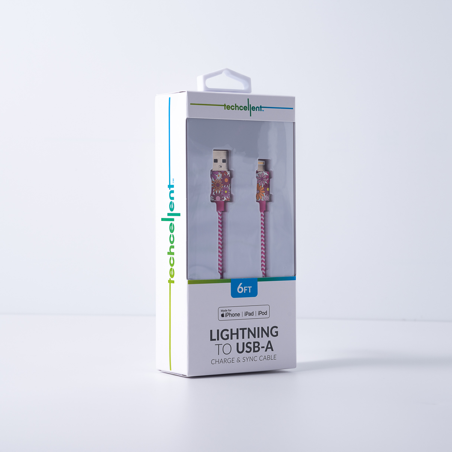 slide 5 of 7, Techcellent Lightning To Usb-A Charge & Sync Braided Cable, 6ft Floral, 6 ft