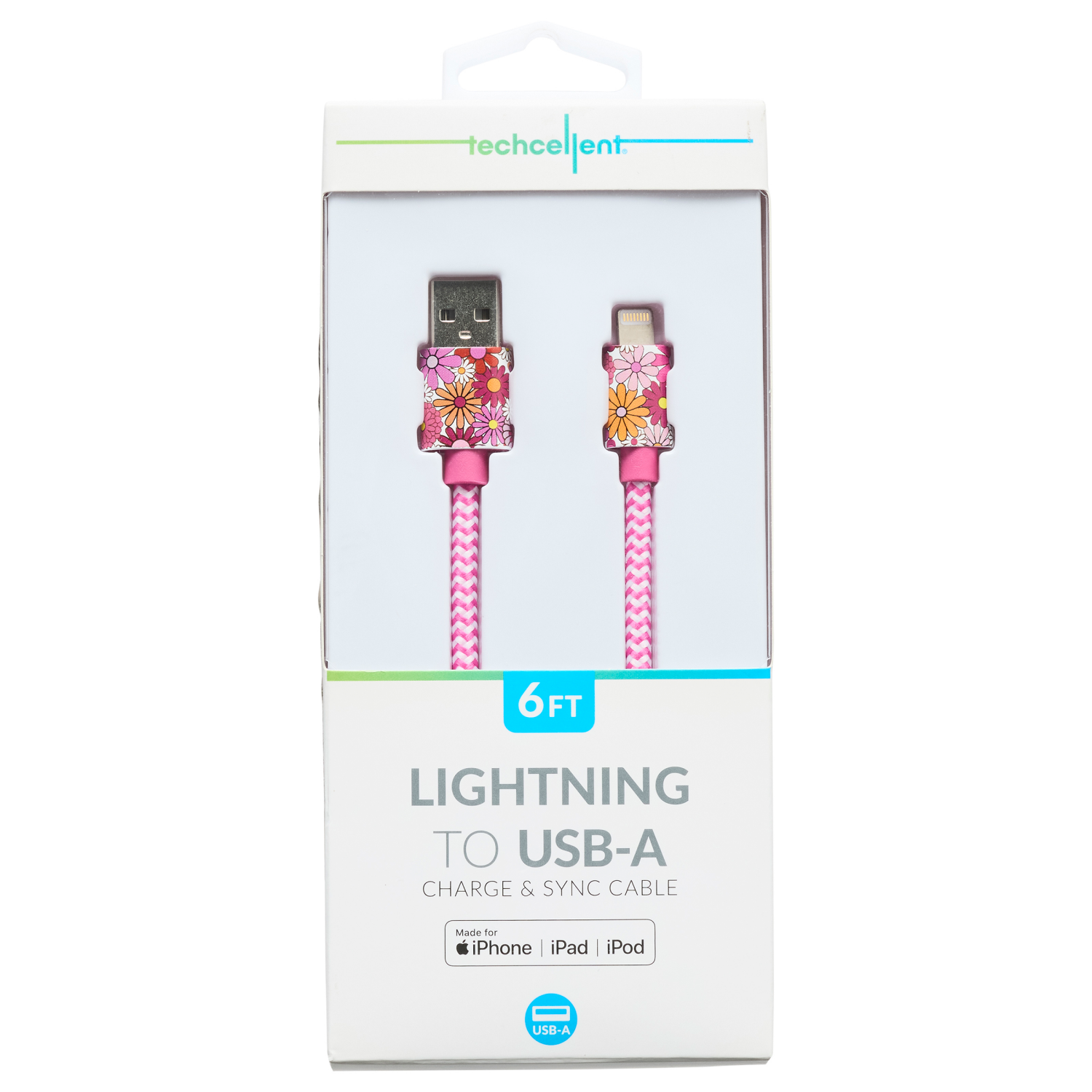 slide 1 of 7, Techcellent Lightning To Usb-A Charge & Sync Braided Cable, 6ft Floral, 6 ft