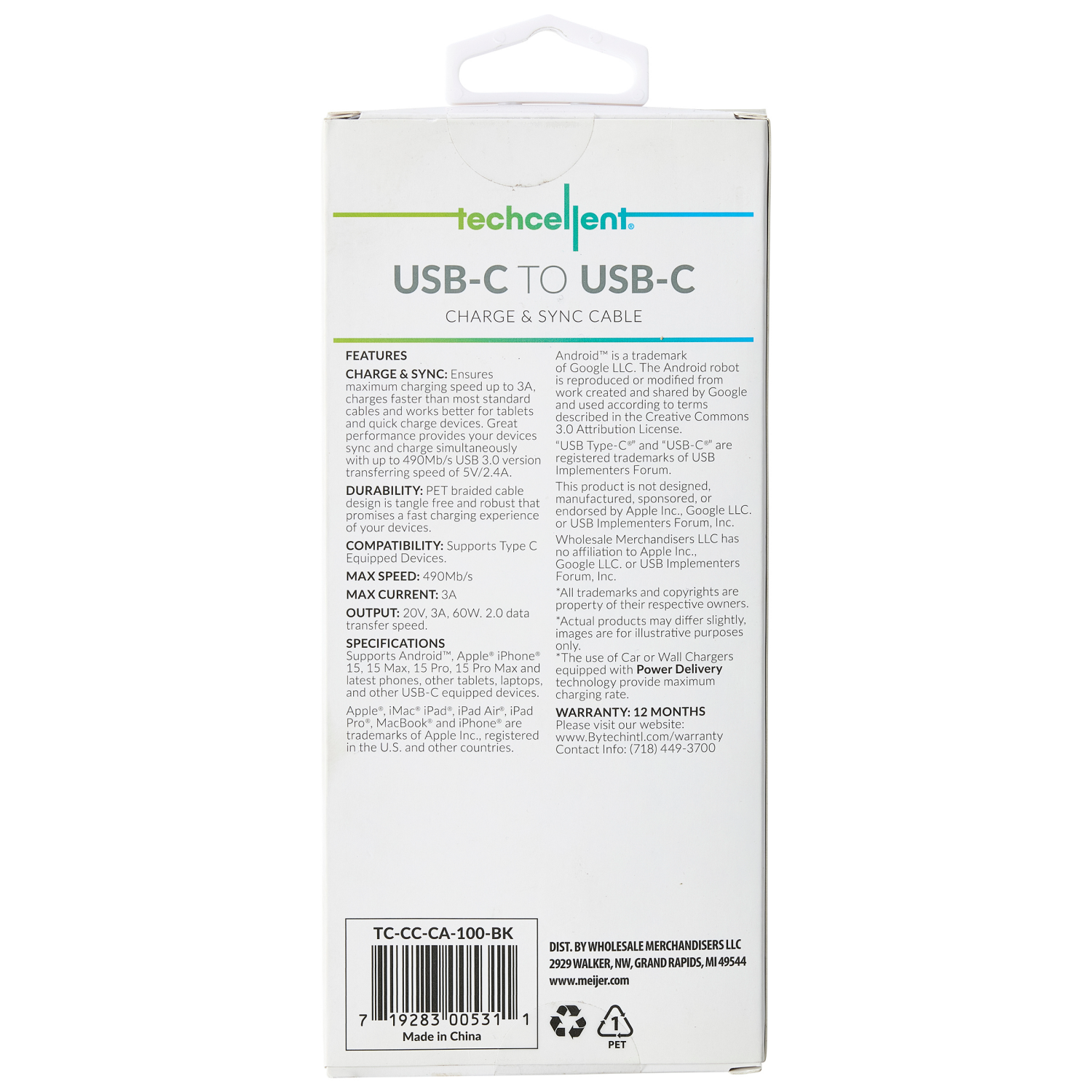 slide 2 of 8, Techcellent Usb-C To Usb-C Charge & Sync Braided Cable, 6ft Black, 6 ft
