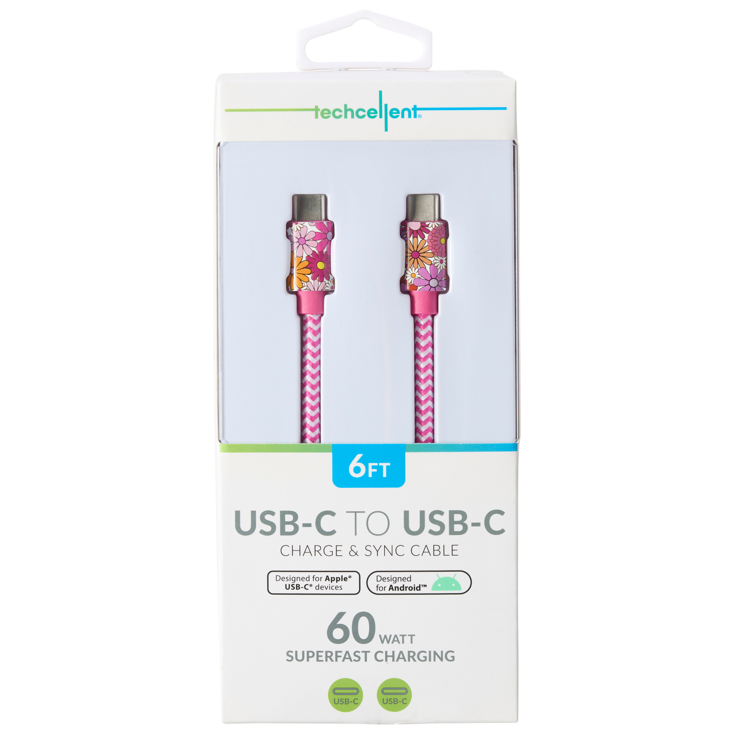 slide 1 of 5, Techcellent Usb-C To Usb-C Charge & Sync Braided Cable, 6ft Floral, 6 ft