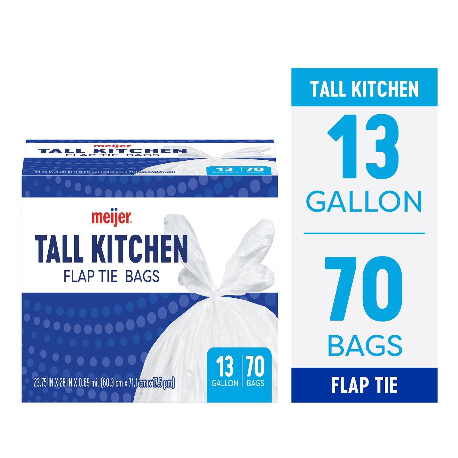 slide 1 of 8, Meijer Tall Kitchen Flap Tie Bags, 13 Gallon, 70 Ct, 70 ct; 13 gal